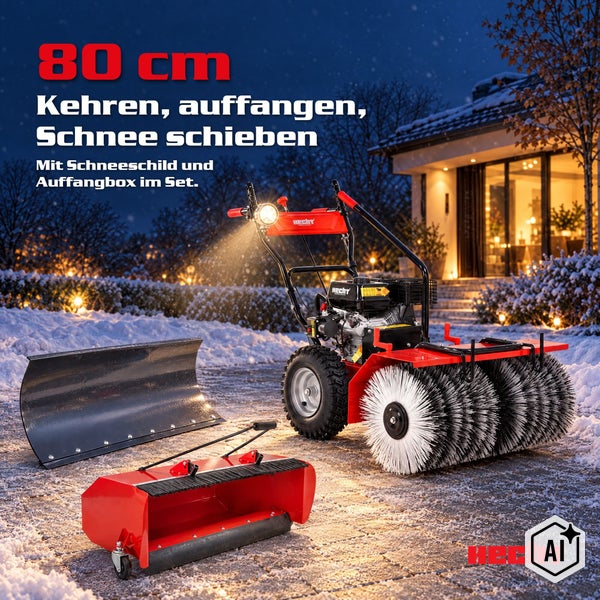 Hecht Kehrmaschine mit 80 Zentimeter Arbeitsbreite inklusive Schneeschild und Auffangbehälter für Kehrarbeiten und Schneeräumung.