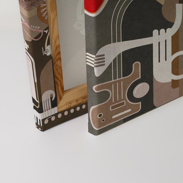 Nahaufnahme von zwei Leinwandbildern mit Musikinstrumentenmotiven