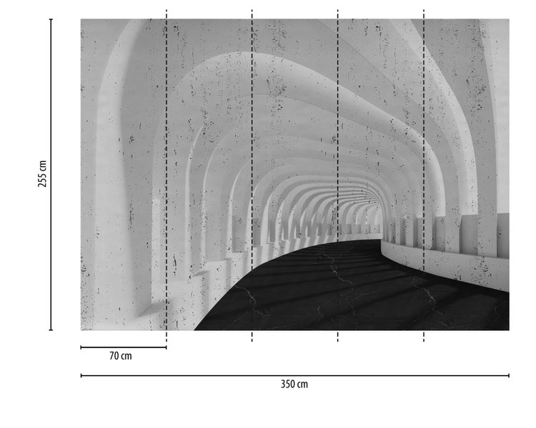 Fototapete aus Vlies mit 3D-Effekt eines gewölbten Betontunnels, 350 mal 255 Zentimeter, unterteilt in fünf Bahnen zu je 70 Zentimeter.