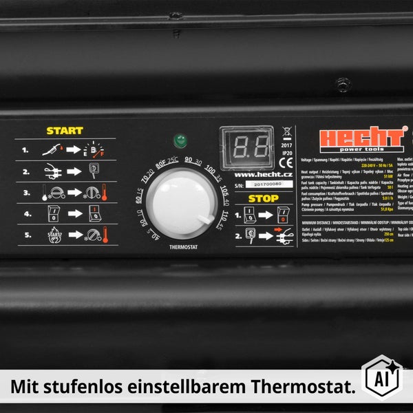 Bedienfeld eines Hecht Heizgeräts mit Thermostat, Digitalanzeige und illustrierter Start sowie Stopp Anleitung.