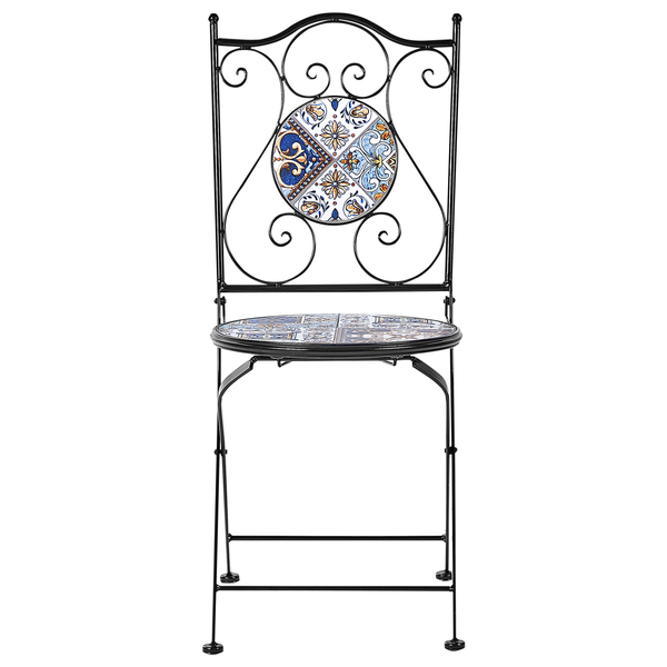 Gartensessel aus Metall mit Mosaikfliesen auf Sitzfläche und Rückenlehne