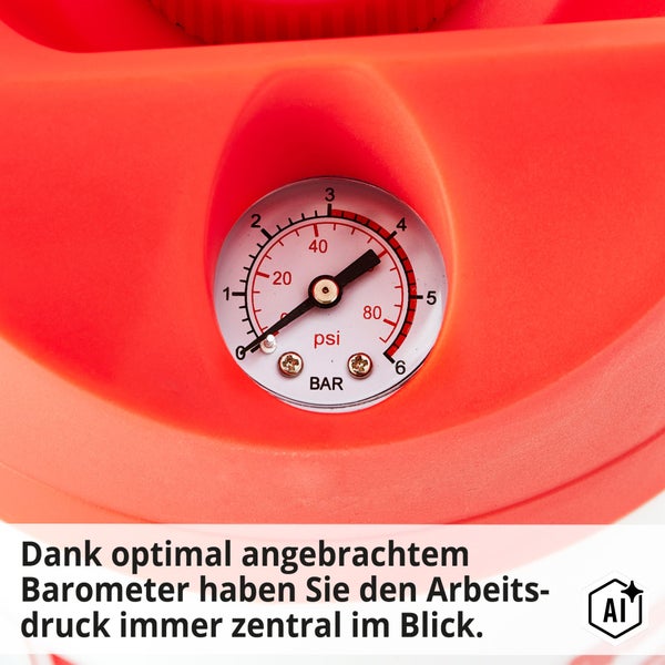 Druckmanometer an einem Drucksprüher mit Skala in Bar und Pound per Square Inch zur Kontrolle des Arbeitsdrucks