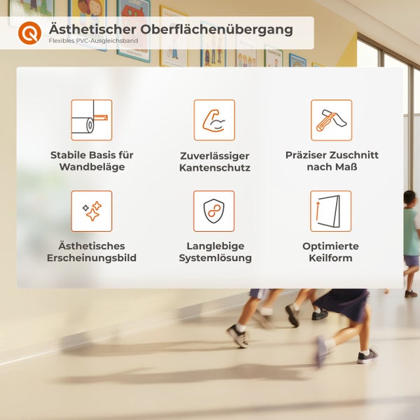 Anwendungsbeispiele für flexible PVC-Ausgleichsbänder: Krankenhäuser, Schulen, Büros und Hotels.