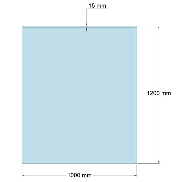Maßzeichnung einer rechteckigen Platte mit den Maßen 1000 Millimeter Breite, 1200 Millimeter Höhe und 15 Millimeter Stärke.