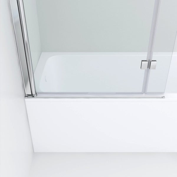 Duschwand für Badewanne mit Glaspaneelen und Metallrahmen in moderner Optik.