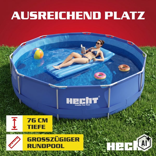 Runder Hecht Stahlrahmenpool mit 76 Zentimeter Tiefe, Frau liegt auf einer Luftmatratze im Wasser, inklusive Wasserball und Schwimmringen.