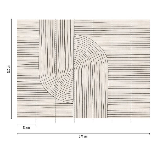 Fototapete mit abstraktem Linienmuster, Höhe 280 Zentimeter, Breite 371 Zentimeter, Bahnenbreite 53 Zentimeter.