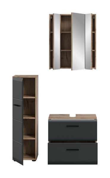 Badezimmermöbel-Set in Holzoptik und Anthrazit bestehend aus Hochschrank mit Regalfächern, dreitürigem Spiegelschrank und Waschbeckenunterschrank.