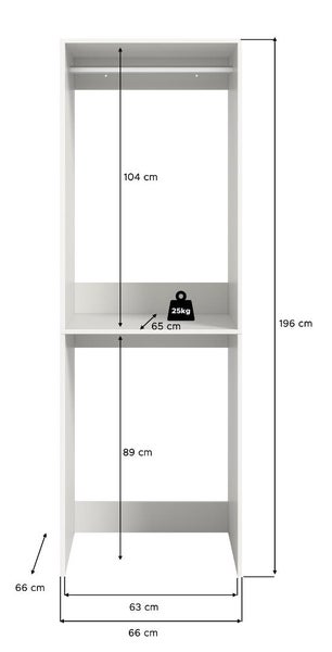 Maßzeichnung eines Schranks mit Regalen und Kleiderstange mit den Außenmaßen 196 Zentimeter Höhe und 66 Zentimeter Tiefe und Breite