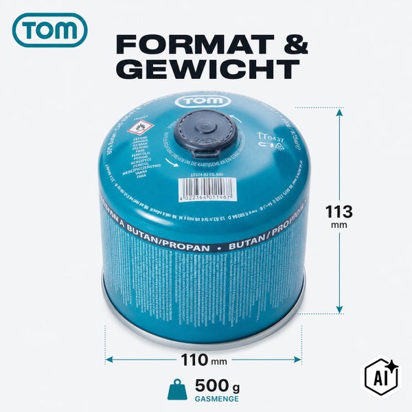TOM Gaskartusche Butan Propan Mix 500 Gramm mit Maßen 113 mal 110 Millimeter.