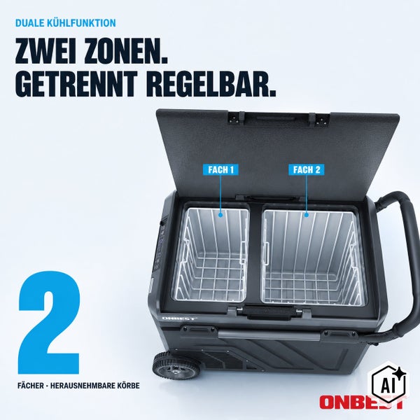 Tragbare Onbest Kompressorkühlbox mit zwei getrennt regelbaren Kühlzonen und zwei herausnehmbaren Drahtkörben für flexiblen Transport.