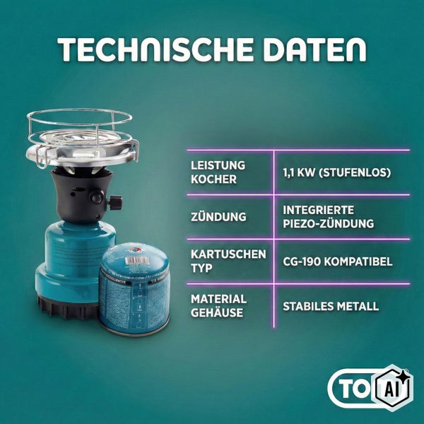 Technisches Datenblatt eines Gaskochers mit Piezo-Zündung für CG-190 Gaskartuschen von TOM Logo.
