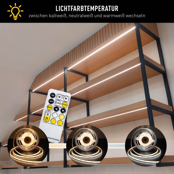 Regal mit LED-Streifen und Fernbedienung zur Steuerung der Lichtfarbe