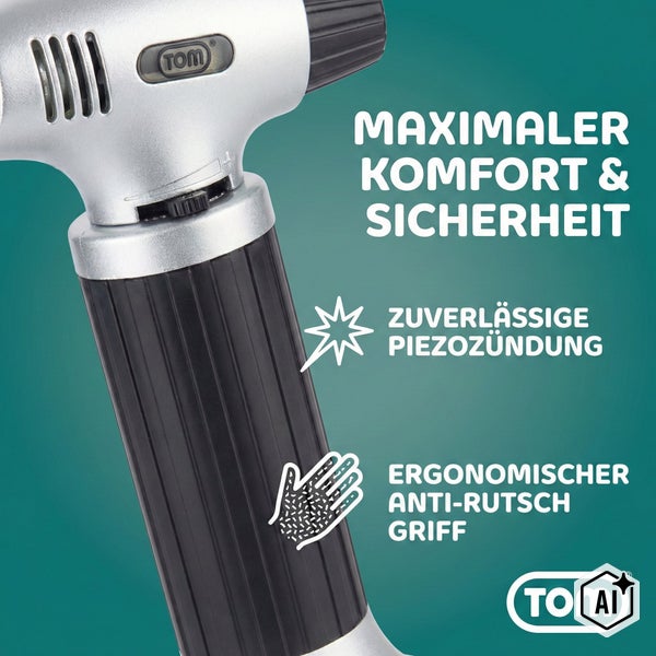 TOM Gasbrenner mit Piezozündung und ergonomischem Anti-Rutsch-Griff für maximalen Komfort und Sicherheit.