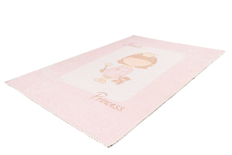 Rechteckiger Kinderteppich mit Prinzessinnen Motiv, Zauberstab, Teddybär und dem Schriftzug Sweet Princess.
