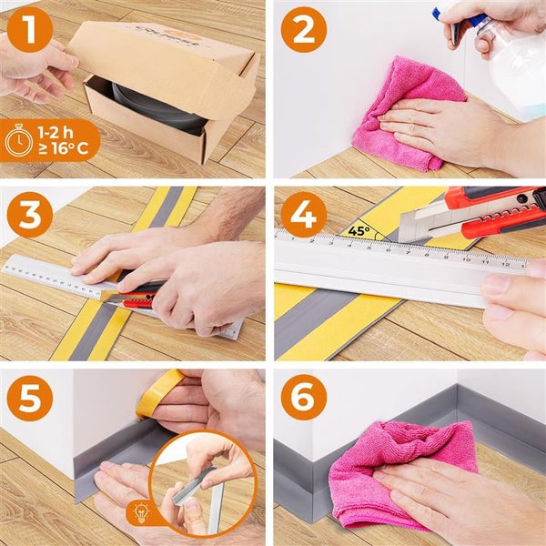 Anleitung in sechs Schritten zur Montage von selbstklebenden Sockelleisten mit Vorbereitung, Zuschnitt und Anbringung an der Wand.