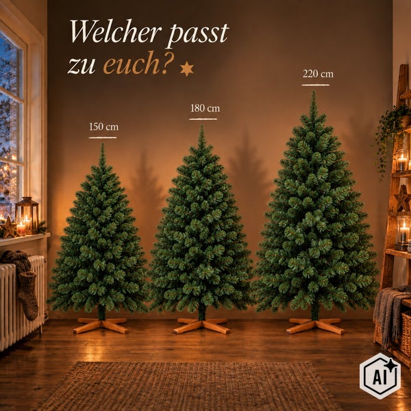 Drei künstliche Weihnachtsbäume in den Höhen 150 Zentimeter, 180 Zentimeter und 220 Zentimeter in einem weihnachtlich dekorierten Wohnraum.