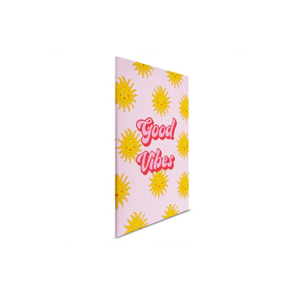 Dekorative Leinwand mit dem Text Good Vibes und einem Sonnenmotiv