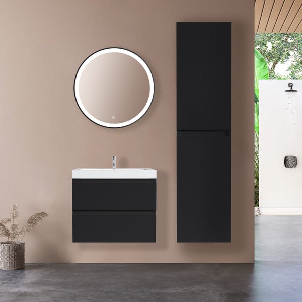 Modernes Badezimmermöbel-Set mit dunklem Wand-Waschbeckenunterschrank, weißem Waschbecken, rundem LED-Spiegel und hohem Seitenschrank.