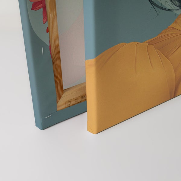 Nahaufnahme einer bedruckten Leinwand auf einem Holzkeilrahmen