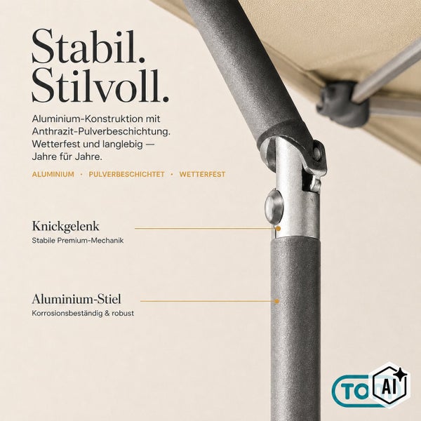Detailansicht eines Sonnenschirms von TOM mit pulverbeschichtetem Aluminiummast und stabilem Knickgelenk für wetterfeste Langlebigkeit.