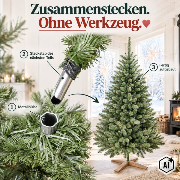 Infografik zum werkzeuglosen Aufbau eines künstlichen Weihnachtsbaums durch ein Stecksystem mit Metallhülse und Steckstab.