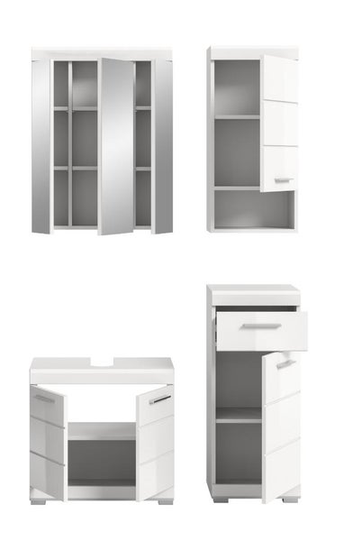 Vierteiliges Badezimmermöbel-Set bestehend aus Spiegelschrank, Hängeschrank, Waschbeckenunterschrank und Hochschrank in glänzendem Weiß.
