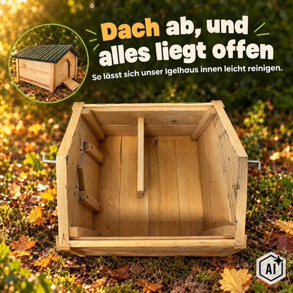 Infografik zeigt die Vorteile eines Igelhauses mit Holzkonstruktion, Pendelklappe, Rampe und vormontierter Lieferung im Garten.