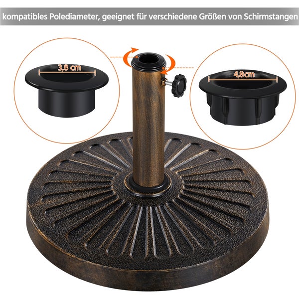 Runder Sonnenschirmständer in Antik-Optik mit zwei Adaptern für Schirmstangen mit Durchmessern von 3,8 Zentimetern und 4,8 Zentimetern.