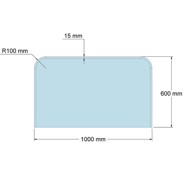 Technische Zeichnung, rechteckige Platte mit abgerundeten Ecken oben, Maße 1000 mal 600 Millimeter, Stärke 15 Millimeter, Radius 100 Millimeter.
