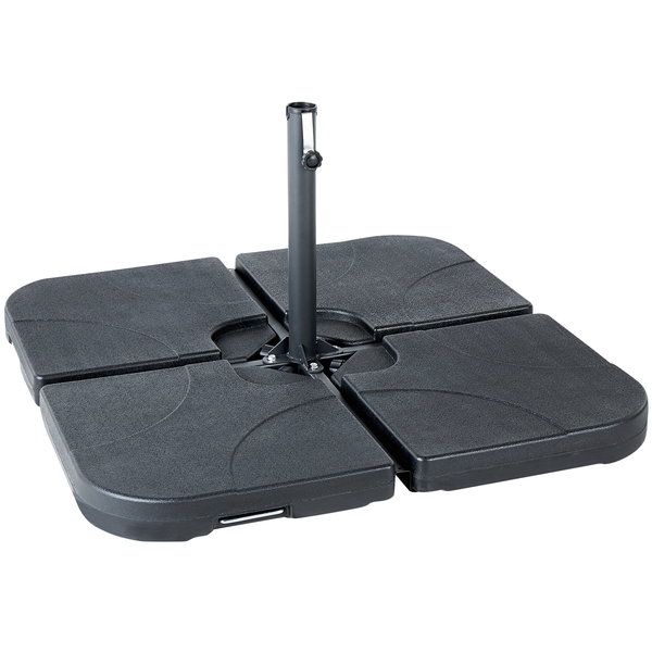 Sonnenschirmständer aus Kunststoff mit vier Platten und einem Rohr zur Schirmbefestigung.