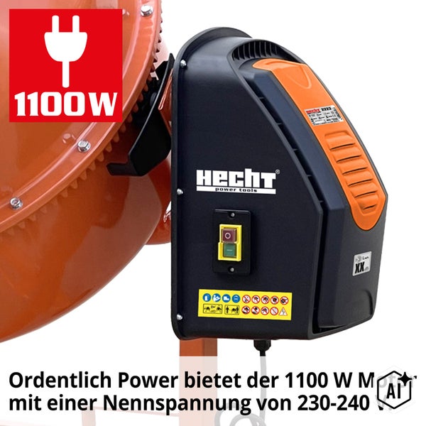 Hecht Betonmischer Motor mit 1100 Watt Leistung und 230 bis 240 Volt Nennspannung mit Hecht Logo.