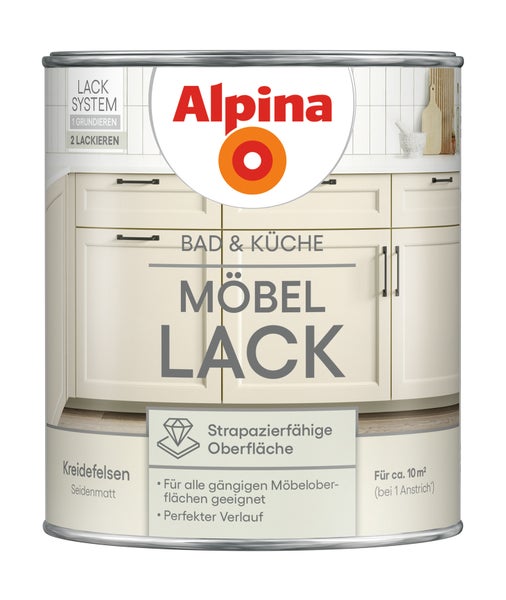 Alpina Bad und Küche Möbellack Seidenmatt Kreidefelsen für circa 10 Quadratmeter, strapazierfähige Oberfläche.