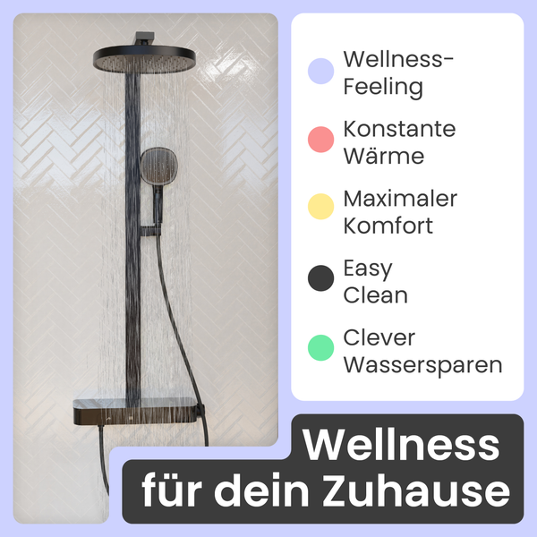 Schwarzes Duschsystem mit Regendusche, Handbrause und Thermostat. Merkmale: Wellness, konstante Wärme, Komfort, einfache Reinigung und Wassersparen.