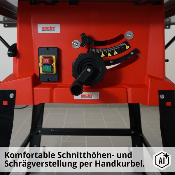 Tischkreissäge mit Hecht Logo und Handkurbel zur Einstellung von Schnitthöhe und Neigungswinkel.