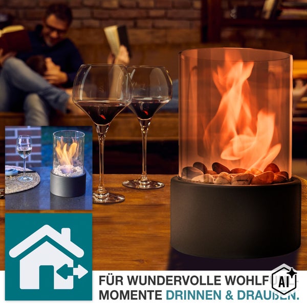 Tischkamin mit Glaszylinder und Ziersteinen auf einem Holztisch, geeignet für Innen- und Außenbereiche mit Symbol für Wohnraum und Garten.