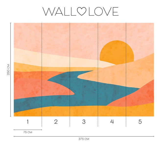 Wall Love Fototapete mit abstrakter Landschaftsdarstellung und Größenangaben.