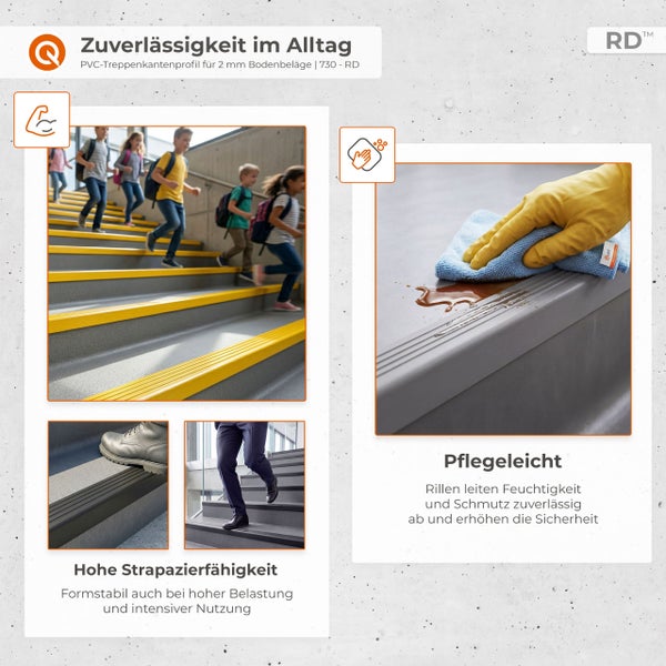 PVC-Treppenkantenprofil für 2 Millimeter Bodenbeläge auf Treppen und bei der Reinigung, zeigt Strapazierfähigkeit und einfache Pflege.