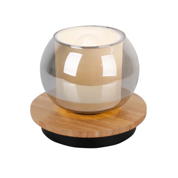 Tischleuchte mit Glaskugel und Holzfuß