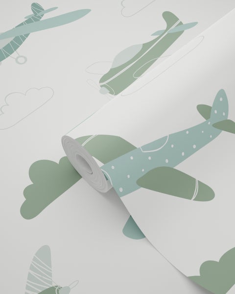 ESTAhome Tapete Flugzeuge Graugrün und Blau - 50 x 900 cm - 139804