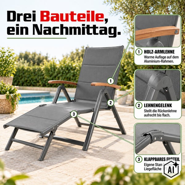 Gartenliege mit Holzarmlehnen, verstellbarem Lehnengelenk und klappbarem Fußteil, auf einer Terrasse vor einem Pool stehend.