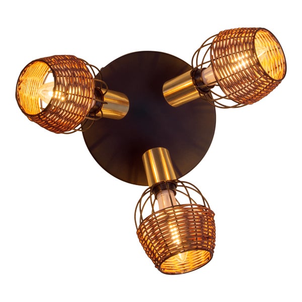 3er Deckenrondell CORBIS, Spot aus Metall in Schwarz, mit Gold und Rattan, mit E14-Fassung, für Esszimmer, Wohnzimmer, Diele oder Büro, Beleuchtung für Wohnzimmer, Esszimmer oder Büro, 38 cm Durchmesser
