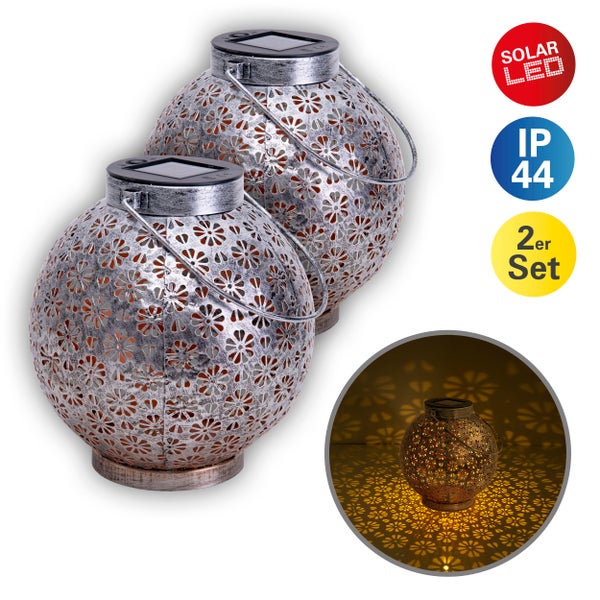 2er-Set LED Deko-Solarleuchte Ø 18 cm  Außen Deko aus Metall in Silber mit integrierten LEDs
