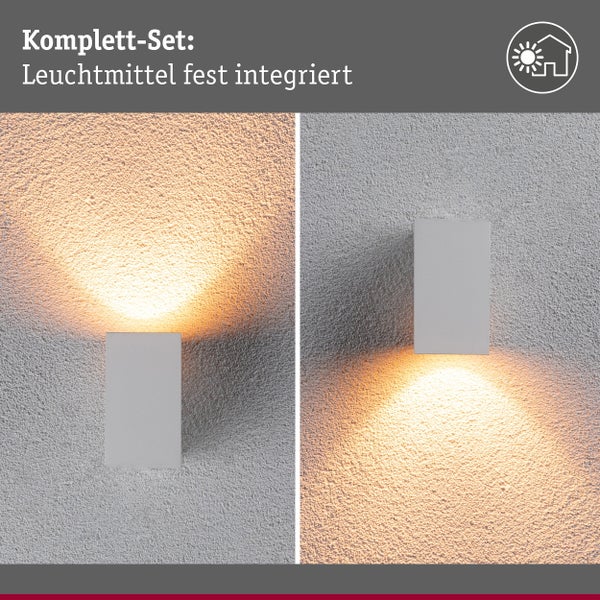Wandleuchte als Komplettset mit fest integriertem Leuchtmittel fuer Aussenbereiche mit indirektem Lichtaustritt nach oben und unten.