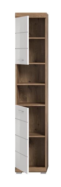 Hochschrank für das Badezimmer in Eichenoptik mit zwei weißen Türen und offenen Regalfächern.