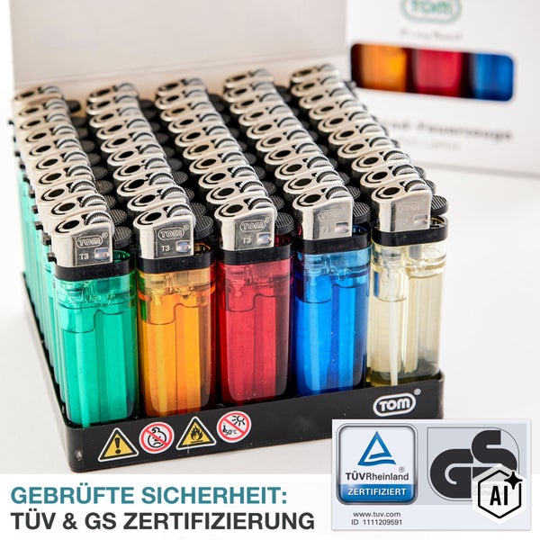 Box mit Tom Feuerzeugen in verschiedenen Farben mit Tuev Rheinland und GS Pruefsiegel fuer gepruefte Sicherheit.