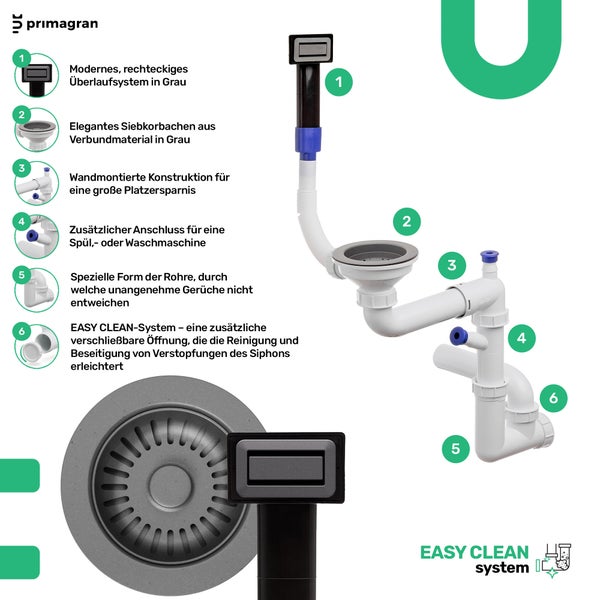 Spültischsiphon mit Überlaufsystem und Geräteanschluss