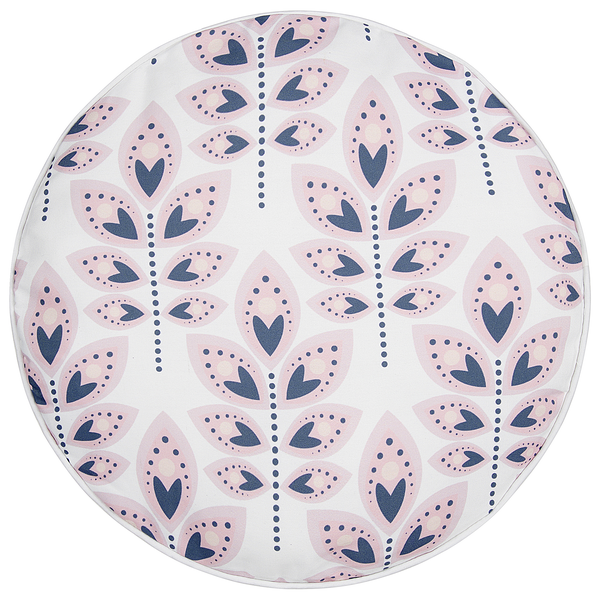 Rundes Sitzkissen mit floralem Blättermuster als dekorative Auflage für Stühle und Gartenmöbel.