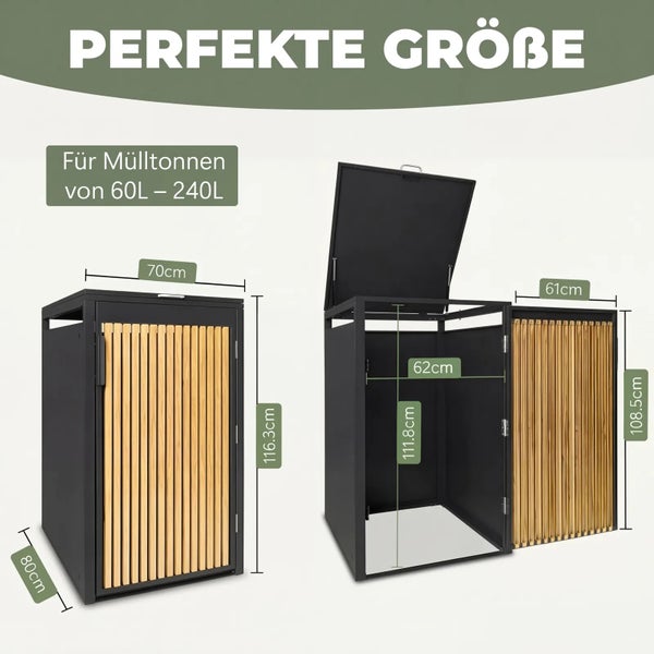 Mülltonnenbox für Tonnen von 60 bis 240 Liter. Maße: 70 Zentimeter Breite, 80 Zentimeter Tiefe, 116,3 Zentimeter Höhe. Innenbreite 62 Zentimeter.