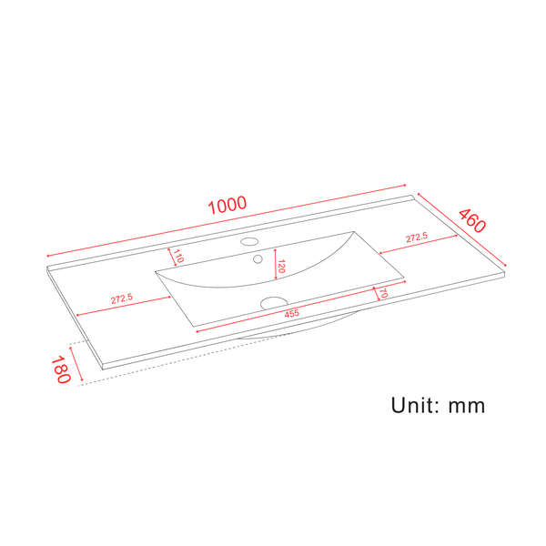 Maßzeichnung eines Waschtischs, Breite 1000 Millimeter, Tiefe 460 Millimeter, Gesamthöhe 180 Millimeter, Beckenbreite 455 Millimeter.